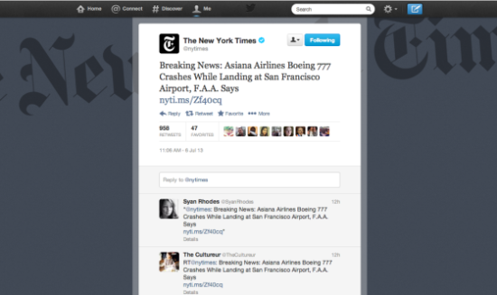 美国四大主流媒体中，《纽约时报》最先发布坠机事件相关推文。